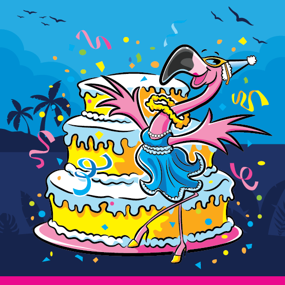 Flamingo character in front of cake