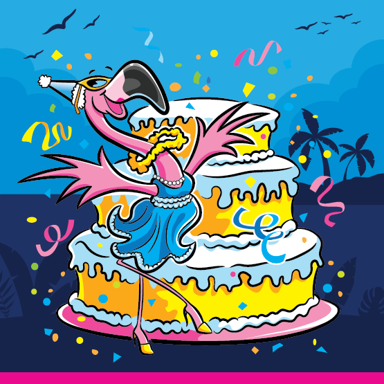 Flamingo character in front of cake